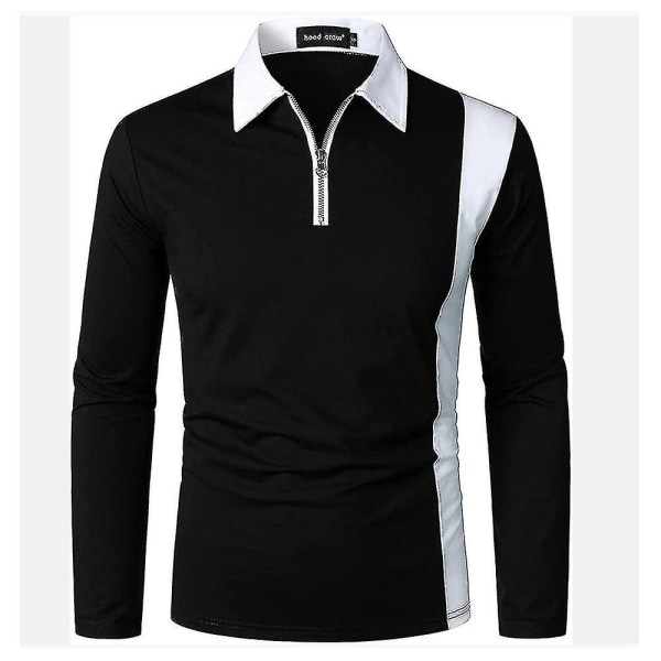 Män Zip Polo Shirts Långärmade Color Block T-shirt Golf Casual Work Tee Lapel Tops Black XL