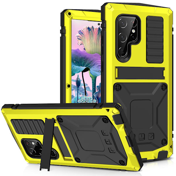 R-just för Samsung Galaxy S23 Ultra PC+silikon+metall Vattentätt, droppsäkert case Dold Kickstand Bakre cover med skärmskydd i härdat glas Yellow