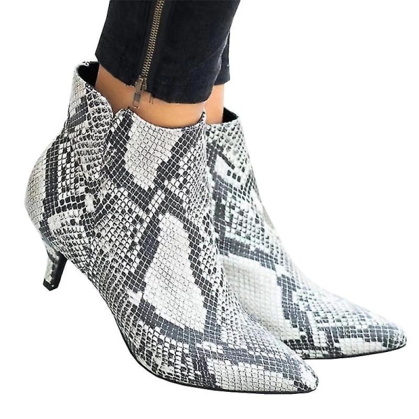 Kvinnor Kattunge Zip Låg klack Ankel Booties spetsig tå Korta stövlar Skor Snake Print 40