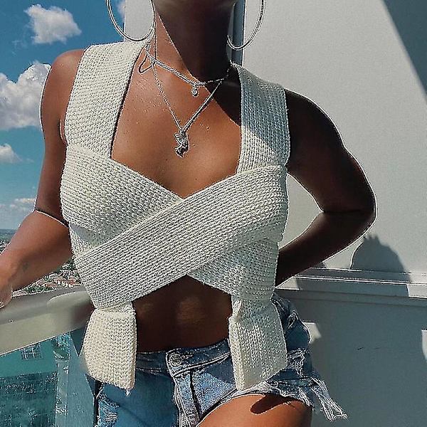 Kvinnor Kitted Väst Bandage Tröja Mode Ärmlös Crop Top Fall Solid Pullover White