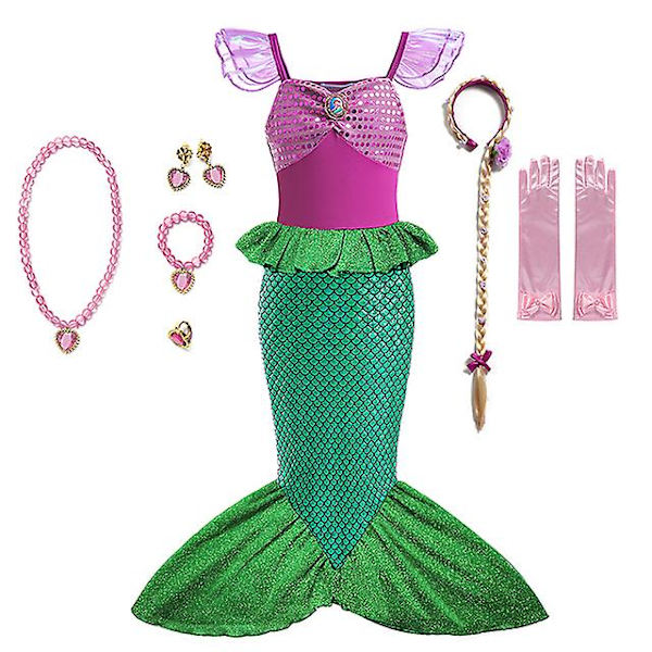 Disney Lilla Sjöjungfrun Ariel Prinsessklänning Barnklänning För Flickor Cosplay Barn Karneval Födelsedagsfestkläder Sjöjungfrudräkt V 7-8T(size 140) 9pcs Mermaid Set1