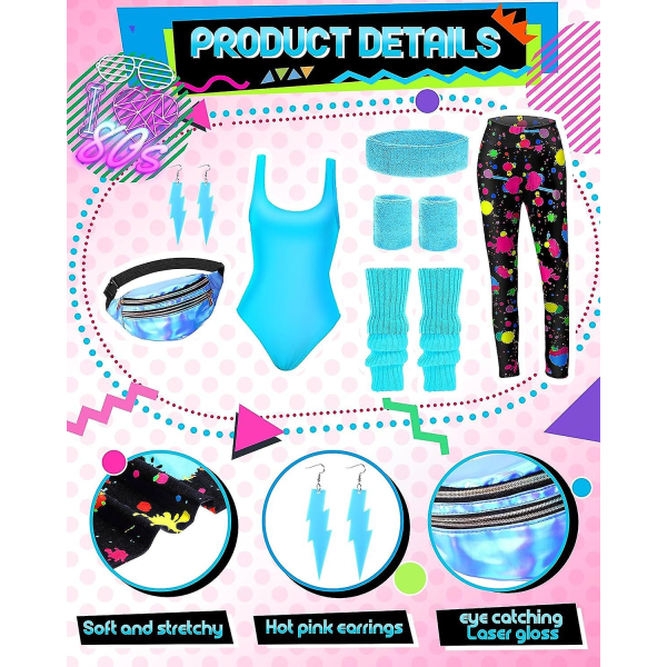 7 st 80-tals träningskostym 80- set 80-tals 90-tals Leotard Legging Pannband Armband Benvärmare Örhängen Fanny Pack Cute Neon 3X-Large