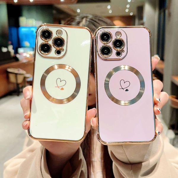 Magsafe- case kompatibelt med Iphone 15 Pro Max, Cute Love Heart Luxury Plating Soft Tpu Bumper- case med kameralinsskydd White For iPhone 15 Pro Max