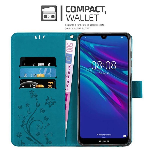 Huawei Y6 2019 Sleeve Cover Case Case - med blommönster och stativfunktion och kortplats FLORAL BLUE Y6 2019