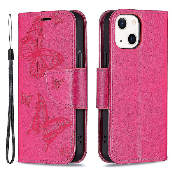 Imprint Butterfly Magnetisk stängning Läderställ Plånbok Case Fodral med rem för Iphone 13 Mini 5,4 tum - lila Rose