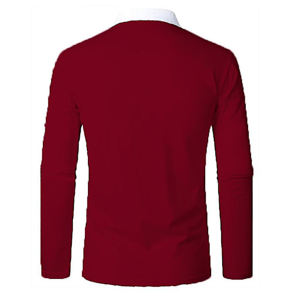 Män Zip Polo Shirts Långärmade Color Block T-shirt Golf Casual Work Tee Lapel Tops Wine Red 2XL