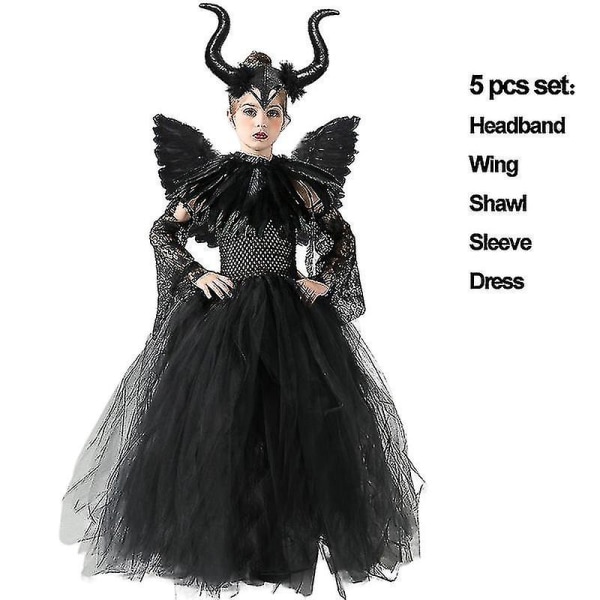 * Halloween Costume Maleficent Tutu Klänning För tjejer Cosplay Evil Queen Black Mesh Princess Dress Kids Crow Wand Maleficent Maleficent Set 4 4*5T  Tag M