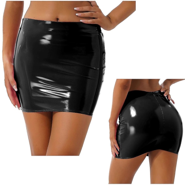 Dam Latex Minikjol Enfärgad Elastisk midjeband Blank pennkjol Nattklubb Fest Musik Festival Kostym Black A XL