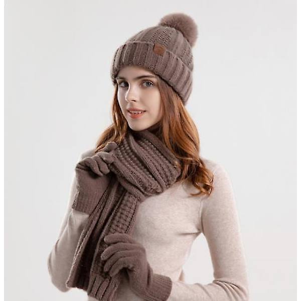 Kvinnors höst och vinter Enfärgad Tjock Stickad Mössa Handskar Halsduk Tredelad Enfärgad Utomhus Kall och Varm hörselskydd Mössa Kvinnor Khaki One Size