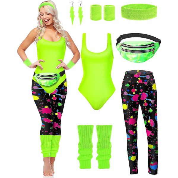 7 st 80-tals träningskostym 80- set 80-tals 90-tals Leotard Legging Pannband Armband Benvärmare Örhängen Fanny Pack Bright Neon Small