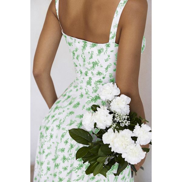 Blommönstrat print ärmlöst rynkad byst delat lår Boho midiklänning Carmen print bustier solklänning Green Leafs Asia XL   EU L