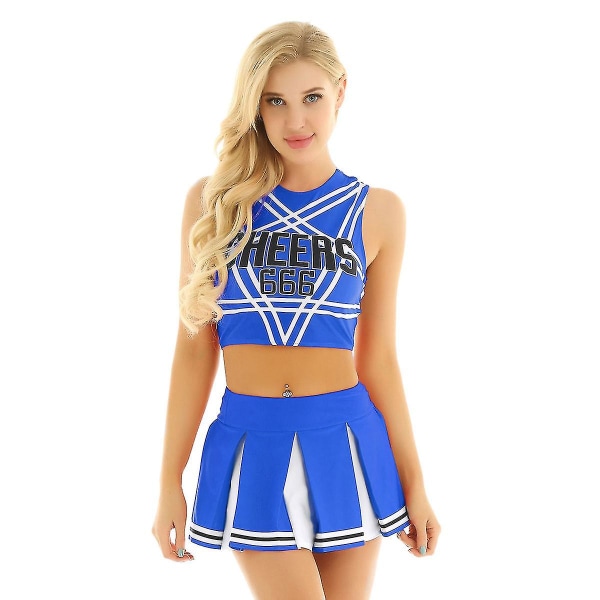 Kvinnor Vuxna Cheerleader Uniform Performance Outfit Japansk Skolflicka Cosplay Kostym Ärmlös Crop Top Mini plisserad kjol Blue B XL