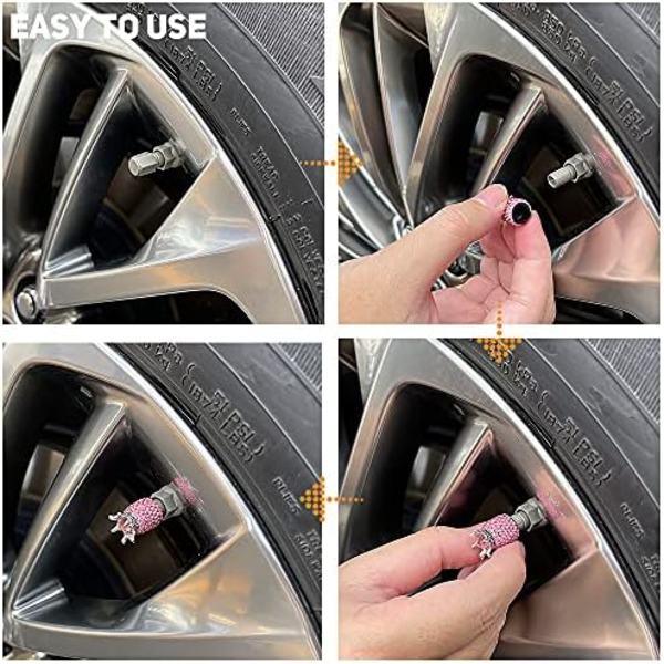 ROSON ventilstamlock, 4-pack handgjorda Crown Bling Crystal Rhinestone bilhjulsdäckventil, attraktiva dammtäta biltillbehör, Universal Pink
