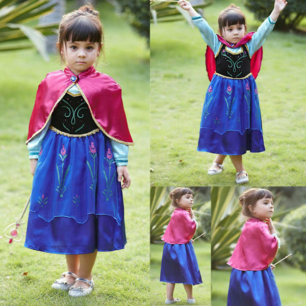 Frozen Anna Cosplay Outfit Prinsessa Klänning Barn Flickor Fest Fancy Dress Up Kostym Med Cape 4-5 Years