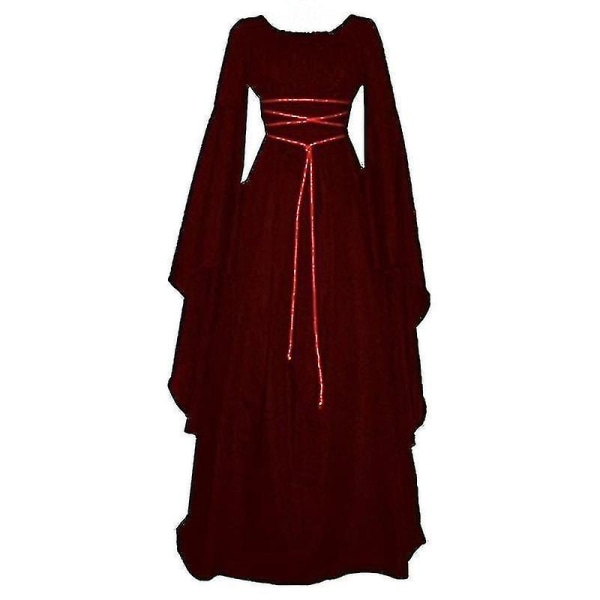 Kvinnor Halloween Renaissance Medeltida Maxiklänning Gotisk Cosplay Kostym Wine Red 2XL