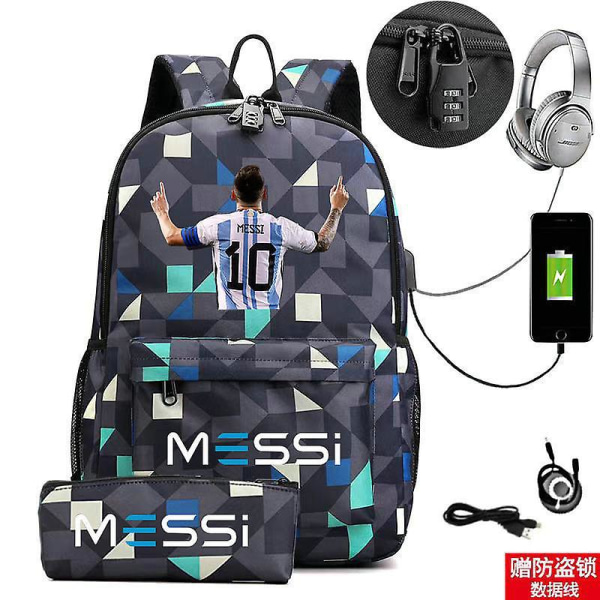 Messi Ryggsäck Lätt bärbar dator Man Casual USB Ungdomsresor Ryggväska Tonåringar Utomhussportväska Student skolväskor style 32 none