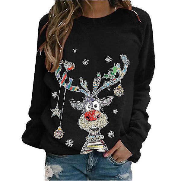Jul Kvinnor Print Långärmad T-shirt Xmas Lös Pullover Toppar Blus Black M