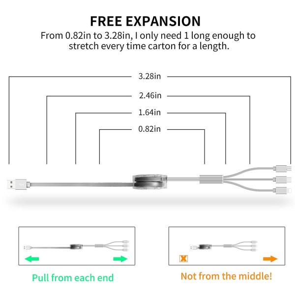 Infällbar Multi USB -laddarkabel - Universal 3-i-1-adapter för telefoner och surfplattor null none