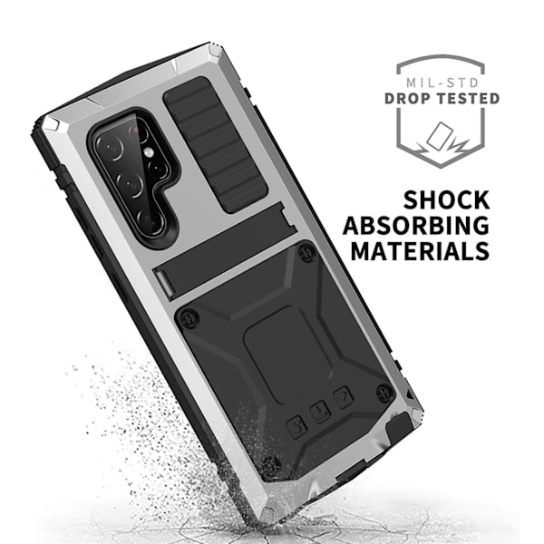 R-just för Samsung Galaxy S23 Ultra PC+silikon+metall Vattentätt, droppsäkert case Dold Kickstand Bakre cover med skärmskydd i härdat glas Silver