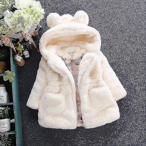 Barn Flickor Fluffig fuskpäls Hooded Parka Coat Fleece Tjock Jacka Vinter Ytterkläder White 2-3 Years
