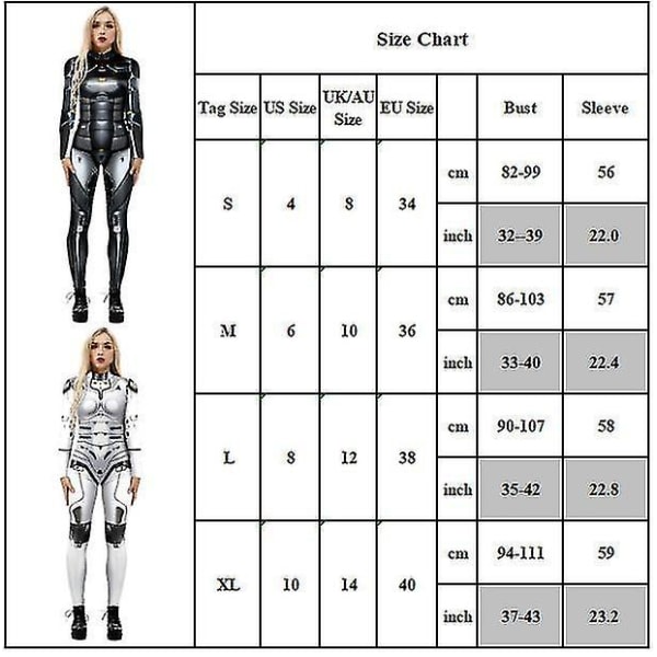 Halloween 3d Printed Cosplay Jumpsuit Karnevalsfest Cyberpunk Playsuit Fancy Dress Kostym för kvinnor Vuxen White Grey L