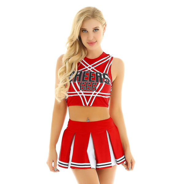 Kvinnor Vuxna Cheerleader Uniform Performance Outfit Japansk Skolflicka Cosplay Kostym Ärmlös Crop Top Mini plisserad kjol Red B M