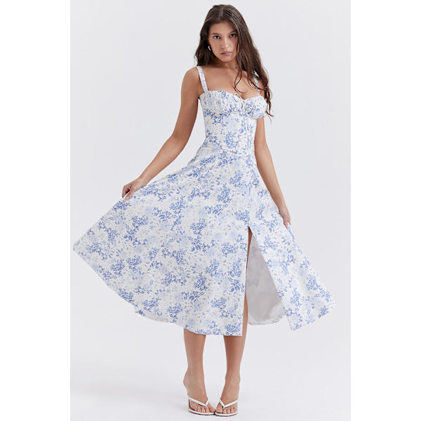 Blommönstrat print ärmlöst rynkad byst delat lår Boho midiklänning Carmen print bustier solklänning White Blue Flower Asia XL   EU L