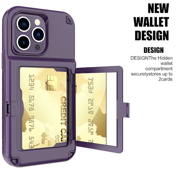 För Iphone 14 Pro Cardcase Series Kickstand Pc + Tpu Case Spegel Funktion Korthållare Förtjockat Cover Light Purple none