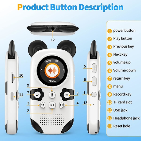Söt Panda Style Mp3-spelare med högtalare för barn 32gb Bluetooth 5.0 Mp3-spelare Maximalt stöd 128gb Tf-kort Portable Lossless Hifi Sp null none