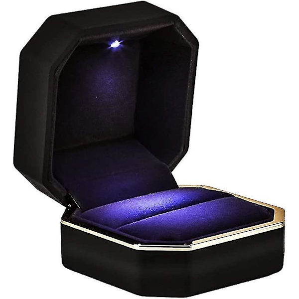 Ring Box Case Med Led Ljus Fyrkantig Svart Smycken Display Presentask För Förslag Förlovning Bröllop null none