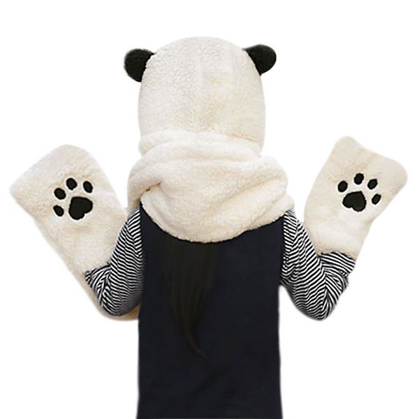 Kvinnor Flickor Söt Panda djur Vinterhattar 3 i 1 varm plysch luvtröja Cap Tasshandskar Vante Scarf Set