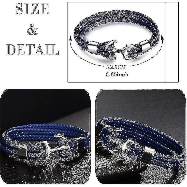 Manarmband Läder och rostfritt stål, multivävt armband, med metallankare, födelsedagspresent för män pojke blue