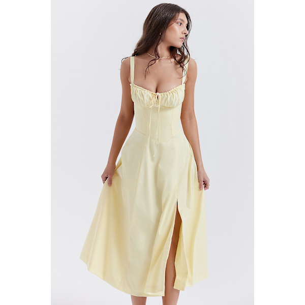 Blommönstrat print ärmlöst rynkad byst delat lår Boho midiklänning Carmen print bustier solklänning Yellow Slip Dress Asia S   EU XS