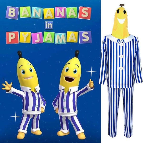 Vuxna Bananer i Pyjamas Kostym Blå Vit Rand Skjorta Byxor Med Bananhuvud Män Kvinnor Klänning Festkostym Halloween Bästa val Blue white S