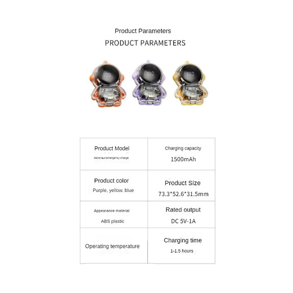 Mininyckelring Power Bank Digital Display Spaceman Power Emergency Pod Vattentät 1500 mah Ultralätt för camping B Yellow none