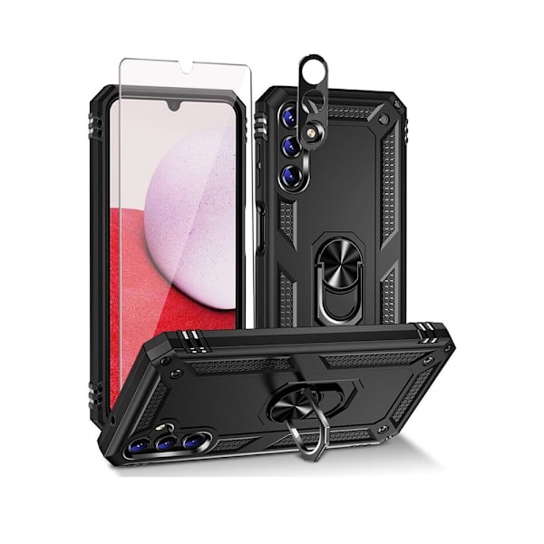 Xhy Samsung Galaxy A14 5G- case med skärm- och linsskydd och magnetiskt ringfäste Kickstand Military Grade helkropp dubbellager Durabl black