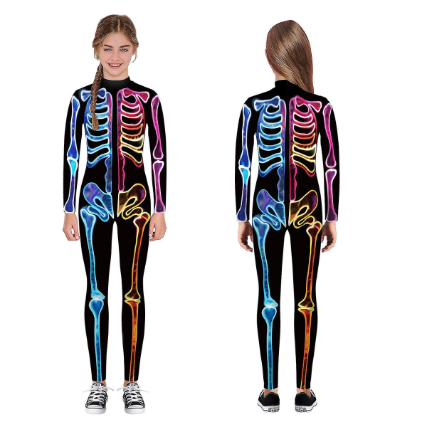 Halloween-skelettdräkt för barn och vuxna, bekväm Onesie Jumpsuit Colorful L