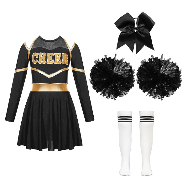 Barn Cosplay Cheer Team Danskläder Barn Flickor Cheerleading Uniform Klänning Med Blombollar Set Cheerleader Kostymer 10 A Black White