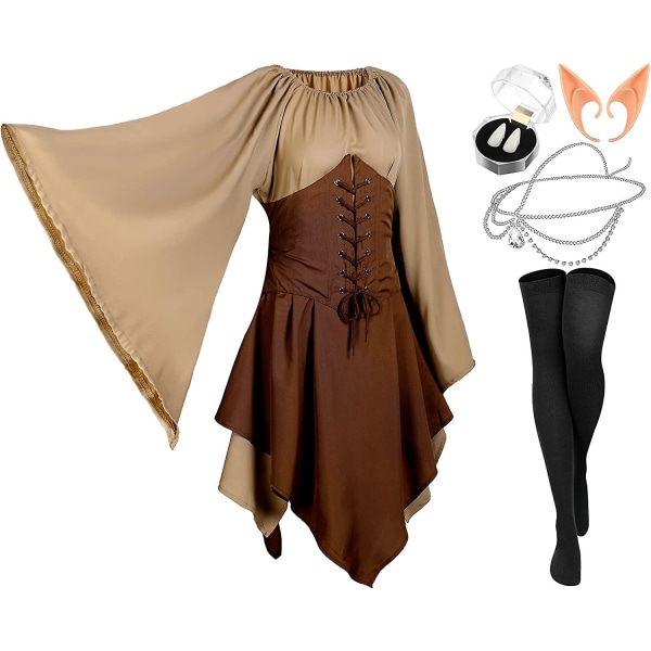 5-pack Fairy Elf Costume Renaissance Traditionell Irish Viking Dress Fairy Elf Ear för Halloween Cosplay Masquerade Party (medium) Brown and Khaki XX-Large