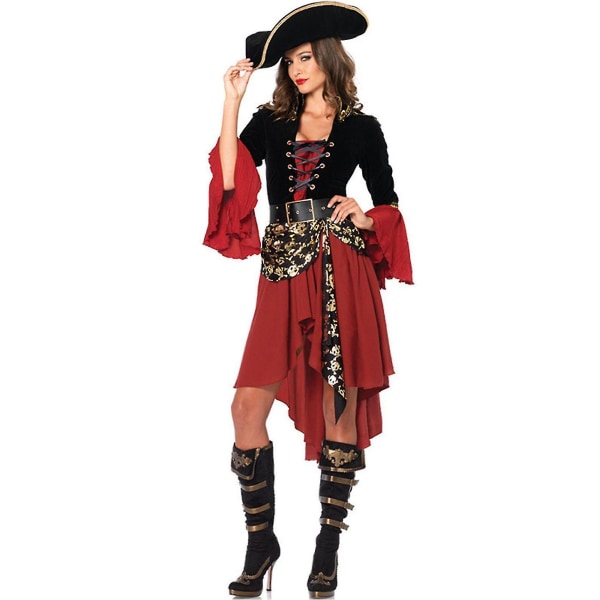 Dam 3 st Cruel Seas Pirate Kapten Klänning Kostym med fäst skärp, bälte, hatt, svart/vinröd L