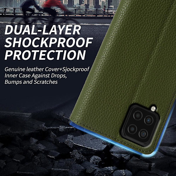 För Samsung Galaxy F22 Fallsäker äkta kohud läder cover Litchi Texture Plånbok Phone case Green