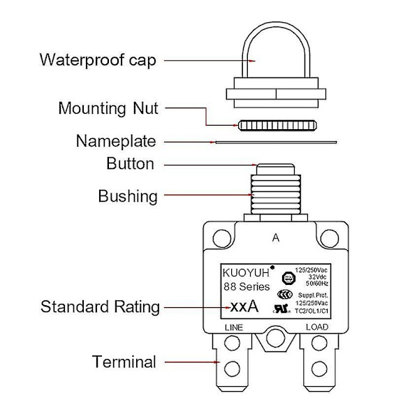 Kuoyuh 88 Series 3a 5a 8a 10a 12a 15a 20a 25a 30a Överbelastningsskydd Switch Motor Miniatyrbrytare med vattentät cap 10a none