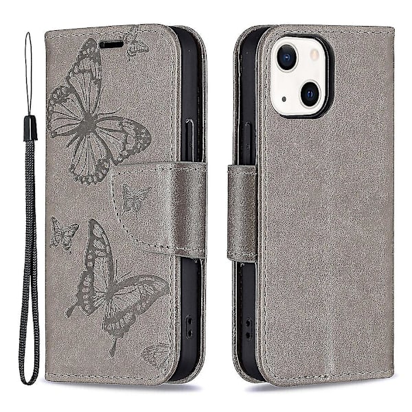 Imprint Butterfly Magnetisk stängning Läderställ Plånbok Case Fodral med rem för Iphone 13 Mini 5,4 tum - lila Grey