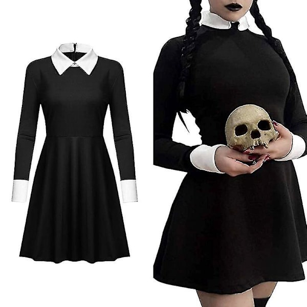 Onsdag Addams Klänning För Vuxna Barn Kostym Halloween Carnival Party Fancy Dress_h Without wig S