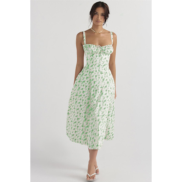 Blommönstrat print ärmlöst rynkad byst delat lår Boho midiklänning Carmen print bustier solklänning Green Leafs Asia M   EU S