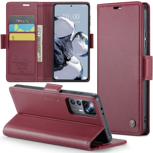 Caseme 023-serien för Xiaomi 12t 5g / 12t Pro 5g / Redmi K50 Ultra Phone Case Rfid Blocking Pu Leather Flip Cover Red