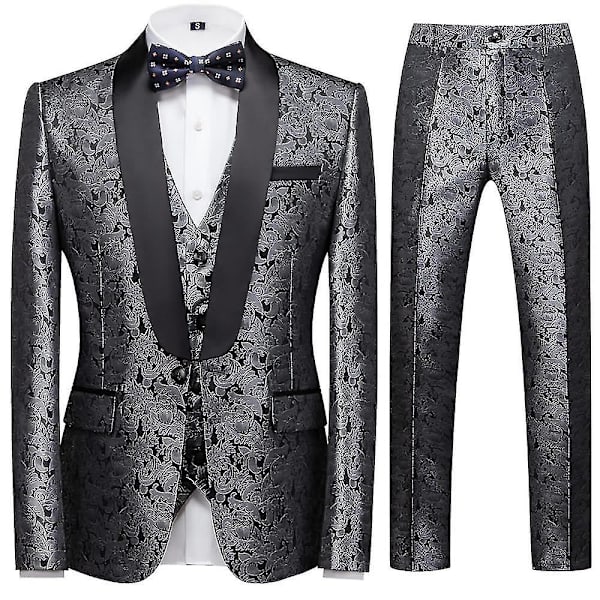 Schan Herr 3-delade kostymer Sjal Lapel Enknapps Smoking Blazer Västbyxor Set För Bröllop Sliver M