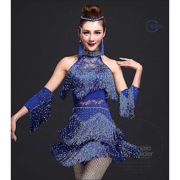 Nya latinska dansdräkter Dam Salsa Danskläder Dansdräkt Klänningar Ballroom Tävlingsklänningar Tango Vuxen Fringe Guld Paljett Blue L