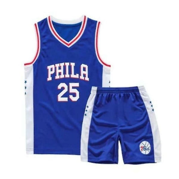 Kids Unisex Basket Training Suit Kits Väst Skjorta + Shorts Sets_s 25 Blue 76ers M(130CM-140CM)