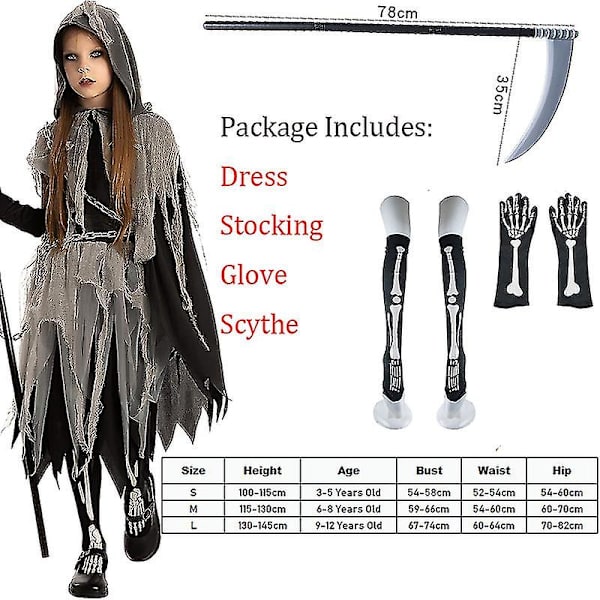 Skrämmande Grim Reaper flickdräkt för barn Halloween kostym 2023 ny ankomst C Height 130-145cm